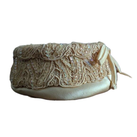 Vtg 1950s Evelyn Varon Sequin Lace Cocktail Hat Fascinator Cap Beige Pancake - Picture 4 of 12